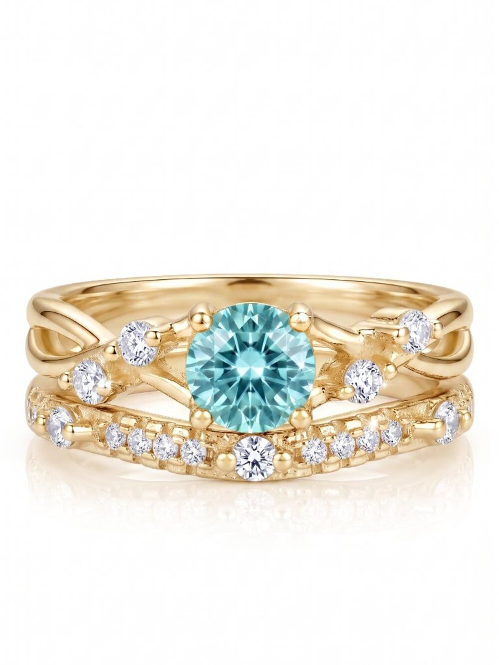 Gold and Aquamarine  Blue and Teal Gemstone Ring Set, 925 Sterling Silver